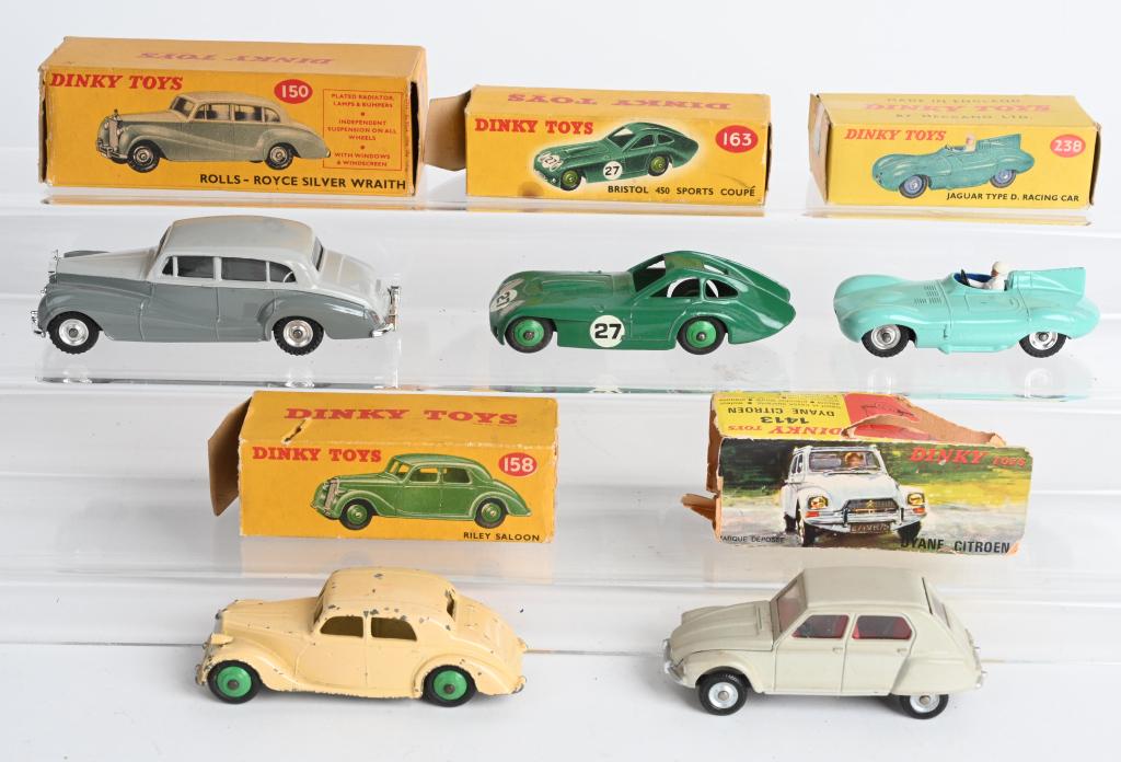 5- DINKY TOYS VEHICLES w/ BOXES: Includes Riley Saloon, Dyane Citroen, Bristol 450 Sport Coupe, Jaguar Type D Racing Car, and Rolls Royce Silver Wraith. All original in great shape. All Boxed