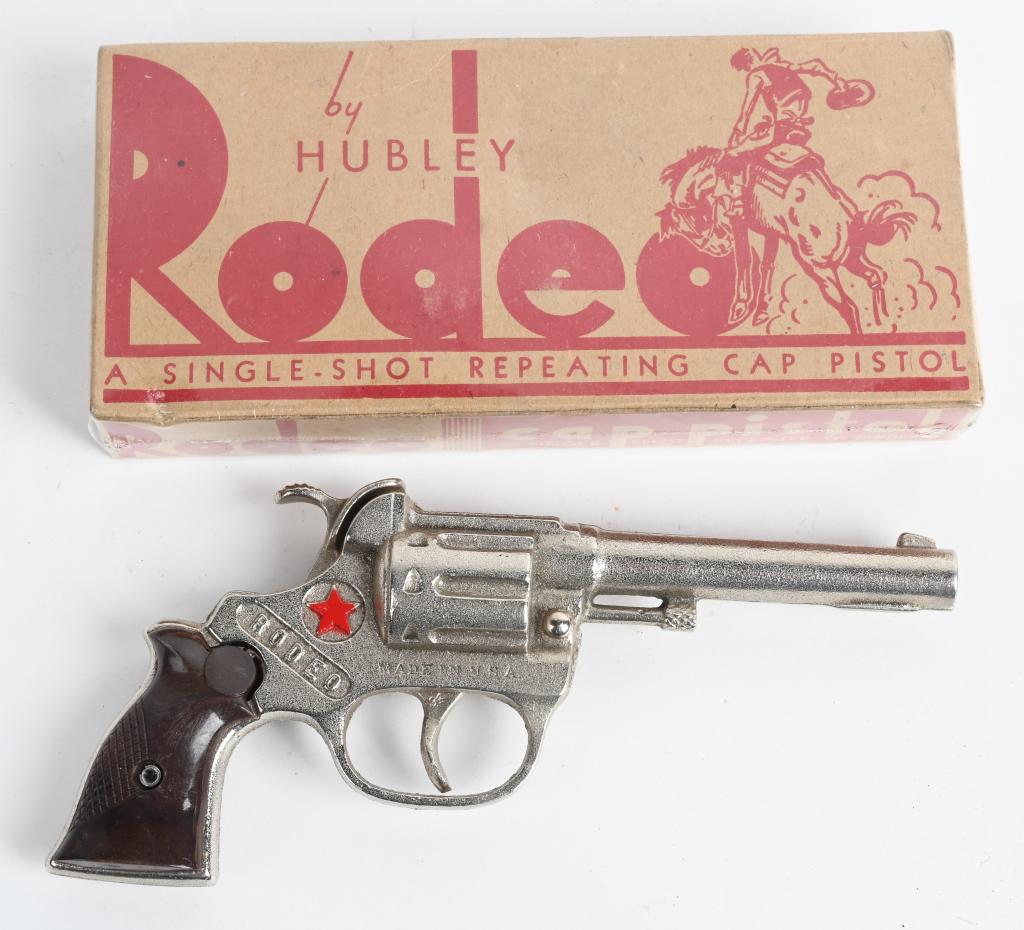 HUBLEY RODEO CAP GUN w/ BOX: Nice cast iron Cap Gun. All original and looks never played with 7 1/2" Boxed
