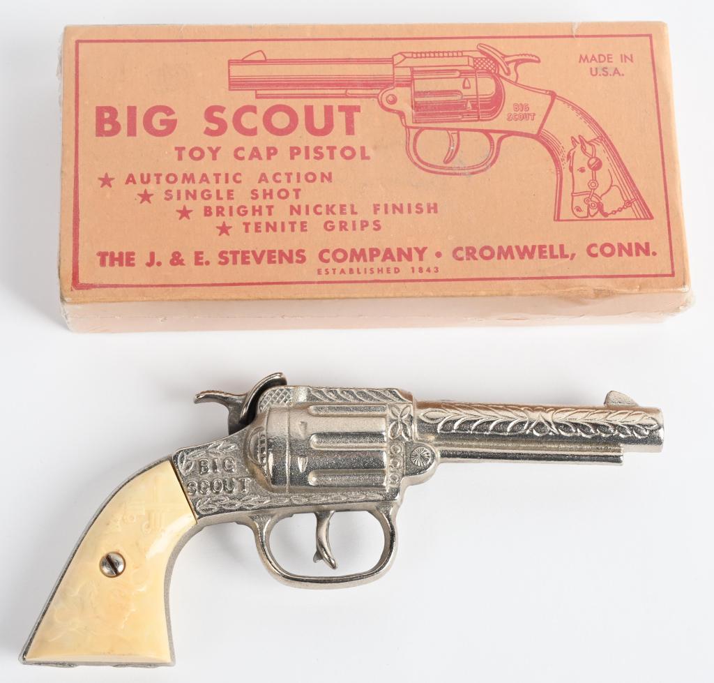 JE STEVENS BIG SCOUT CAP GUN w/ BOX: Nice cast iron Cap Gun. All original and looks never played with 7 1/2" Boxed