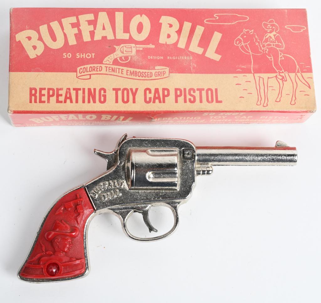 JE STEVENS BUFFALO BILL CAP GUN w/ BOX: Nice cast iron Cap Gun. All original and looks never played with 8 1/2" Boxed