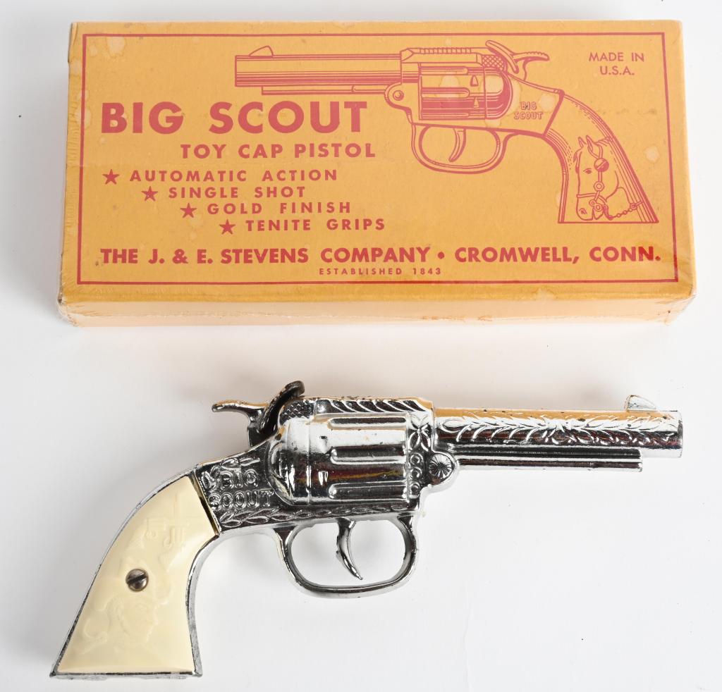JE STEVENS BIG SCOUT CAP GUN w/ BOX: Nice cast iron Cap Gun. All original and looks never played with 8" Boxed