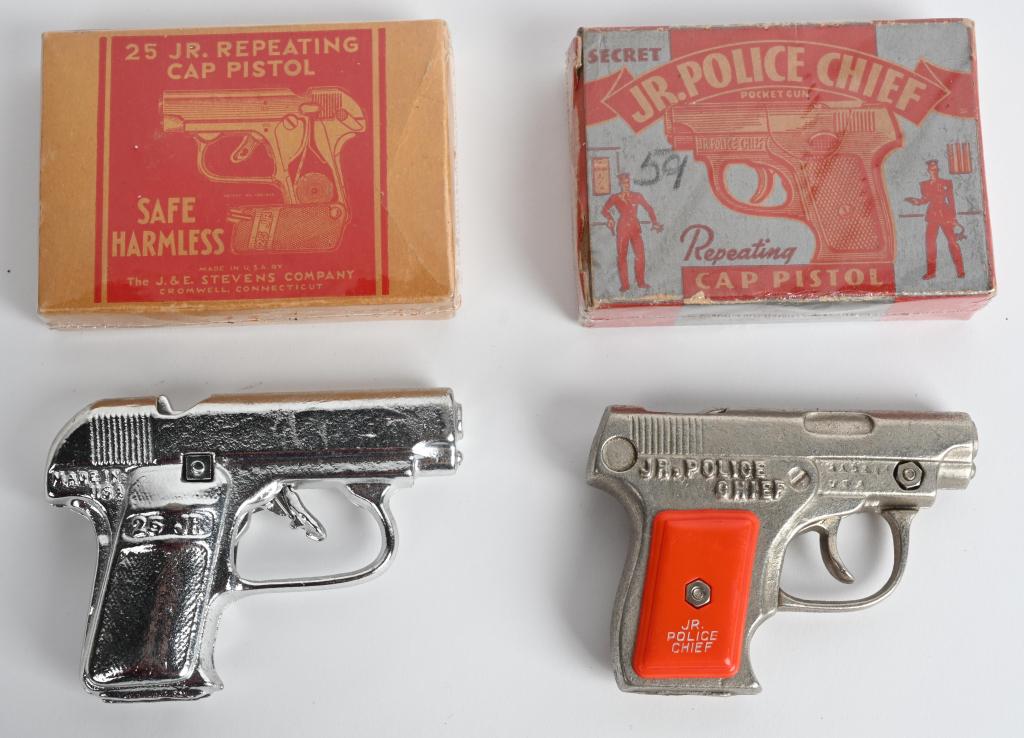 JR POLICE CHIEF & 25 JR CAP GUNS w/ BOXES: Nice pair of cast iron Cap Gun. Both original and look never played with. Largest 4 1/2" Boxed