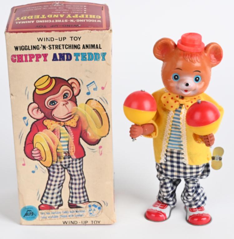 JAPAN WINDUP CHIPPY & TEDDY MONKEY w/ BOX: All original Monkey playing cymbles. Windup works. Boxed 9" Excellent