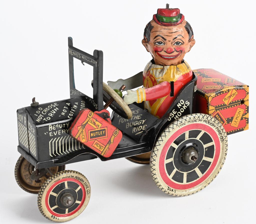 MARX TIN WINDUP JOY RIDER CRAZY CAR: All original and complete. Nice colors. Windup works. Nice early Crazy Car. 8" Excellent