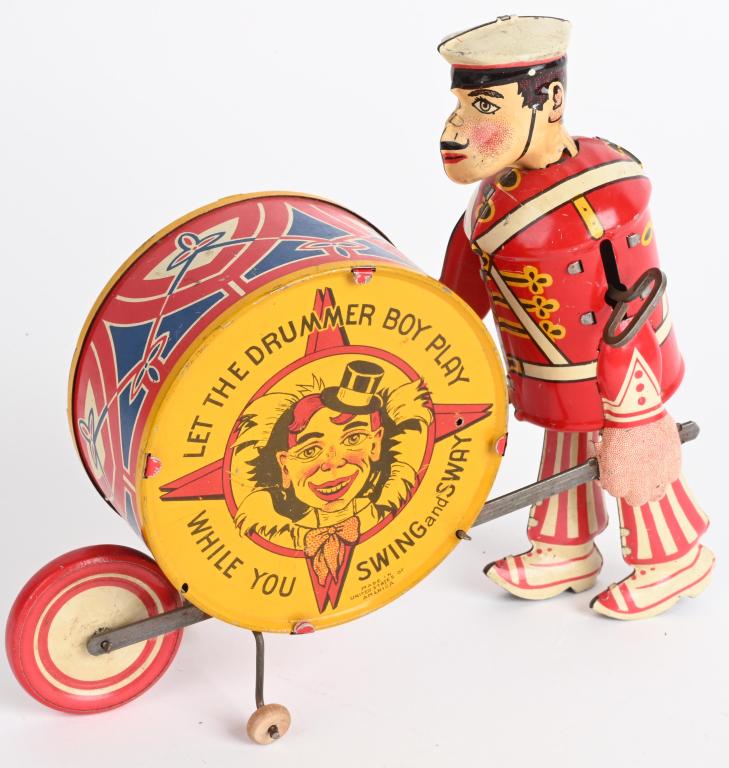 MARX TIN WINDUP DRUMMER BOY SWING & SWAY: Great early Marx Drummer Boy playing base drum. Wonderful colors. Windup works. 9" Excellent