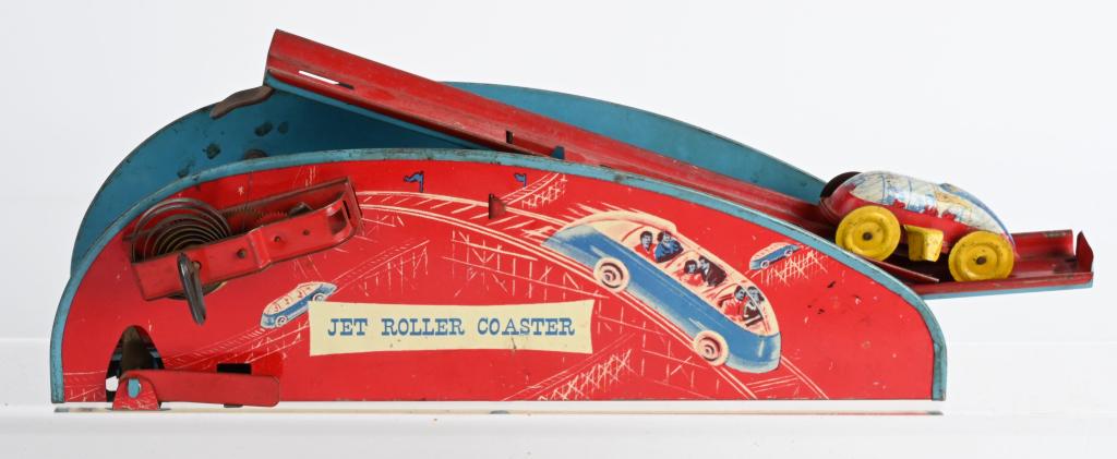 WOLVERINE TIN WINDUP JET ROLLER COASTER: All original and complete with coaster car. Windup works. But toy needs some adjustment to work. 14" Very Good