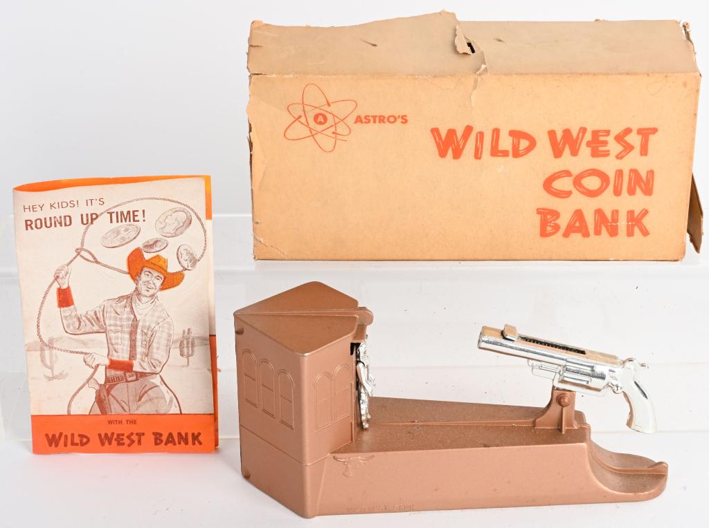 WILD WEST MECHANICAL BANK w/ BOX: New Old Stock. Works. With papers and box. 8" Excellent