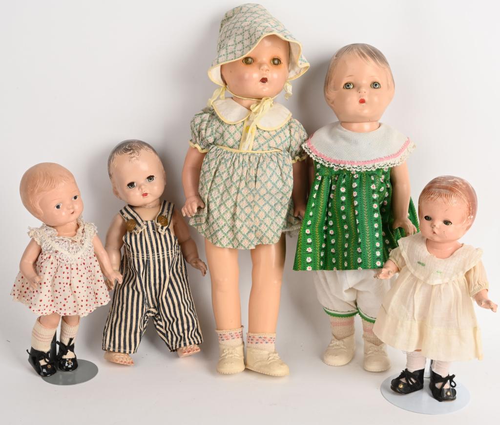 LOT (5) EFFANBEE PATSY & FRIENDS: There are two 11 Patsy dolls, one is marked and other is not. The real Patsy has sleep eyes while knock off has painted eyes. Both show some paint wear on light crazing. The real Patsy has nice linen