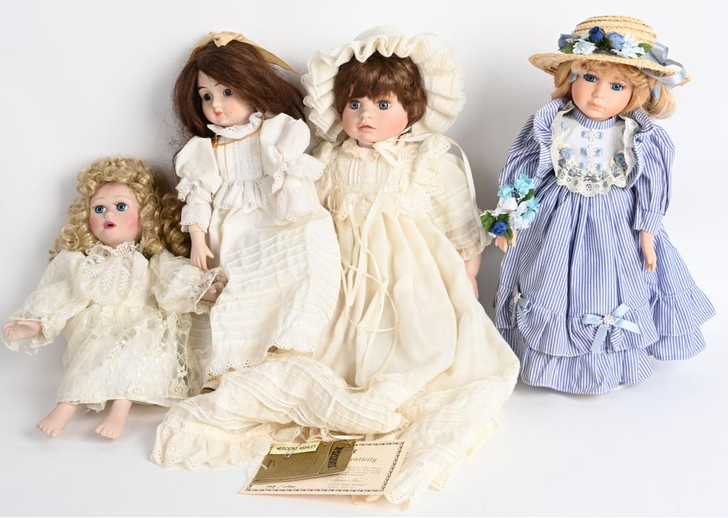 LOT (4) CONTEMPORARY DESIGNER DOLLS: 1. #348/2500 Seymour Mann special porcelain doll. 20", cloth body, brown wig, blue glass eyes. Mint with original gown, bonnet and cert. 2. Layton custom doll. 614AA, 16", blonde wig, open mouth, orna