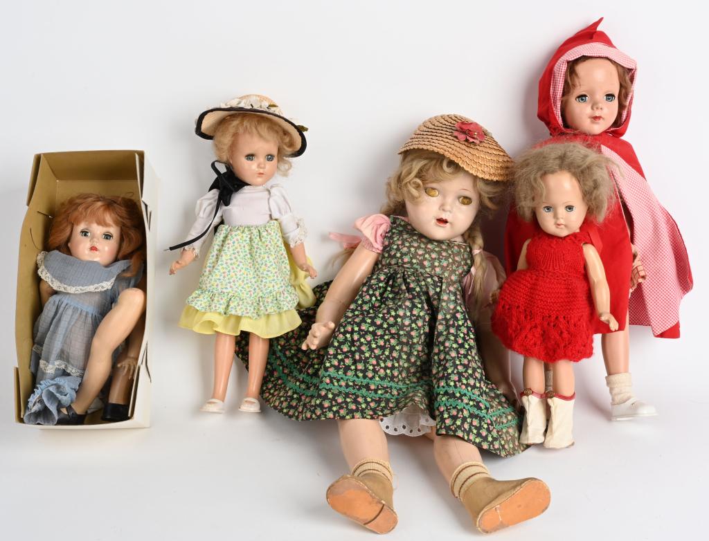 LOT (5) 1940-50'S DOLLS, IDEAL, M. ALEXANDER, MISC: Lot of early post war girl dolls in both late composition and early hard plastic. 1. Un-marked hard plastic dressed like "Little Red Riding Hood". She measures 17" tall, has sleep eyes, brown wig, clo