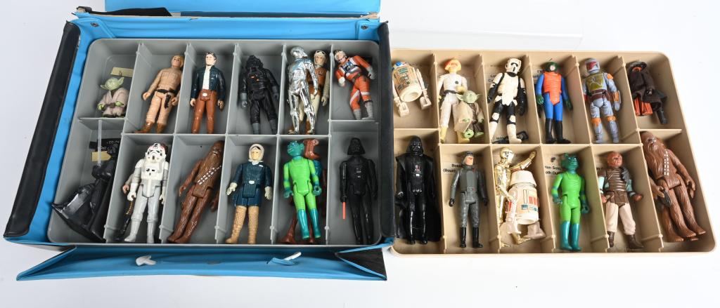 30- VINTAGE STAR WARS ACTION FIGURES w/ CASE: Original Case of 30 original Star Wars Figures. Includes Boba Fett, Darth Vader. Luke Skywalker, Princess Leia, Han Solo, and many more. In as found condition.