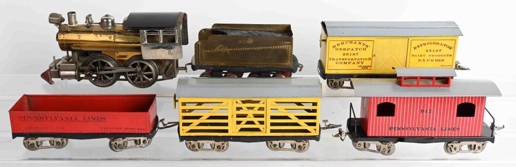 ELEKTOY PENNSYLVANIA FREIGHT TRAIN SET: Scarce Elektoy Pennsylvania Freight Train Set. Includes electric Locomotive and Tender, 25187 Refrigerator Car, Pennsylvania Lines Gondola, Livestock Car, and Pennsylvania Caboose. Set has been restor