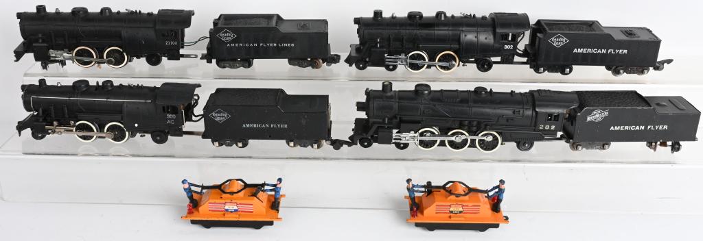 4- AMERICAN FLYER ENGINE & TENDERS w/ MORE: Includes 21100, 300, 302, and 282 Train Locomotives and Tenders. Plus 2 Hand Cars. All in decent condition. As-Is