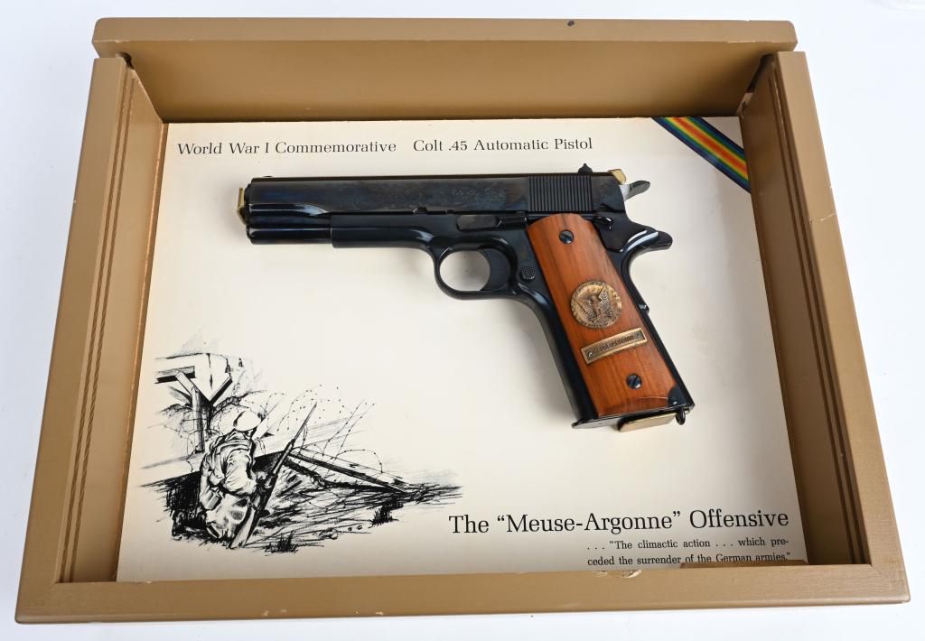 CASED COLT 1911 WWI MEUSE ARGONNE PISTOL: SERIAL 590-MA. BARREL 5" CALIBER .45 ACP. This is one of a set of (4) Colt 1911 WW1 Commemorative pistols. These four pistols completed a set of Colt 1911’s WW1 Commemoratives for Allied WW1 battles
