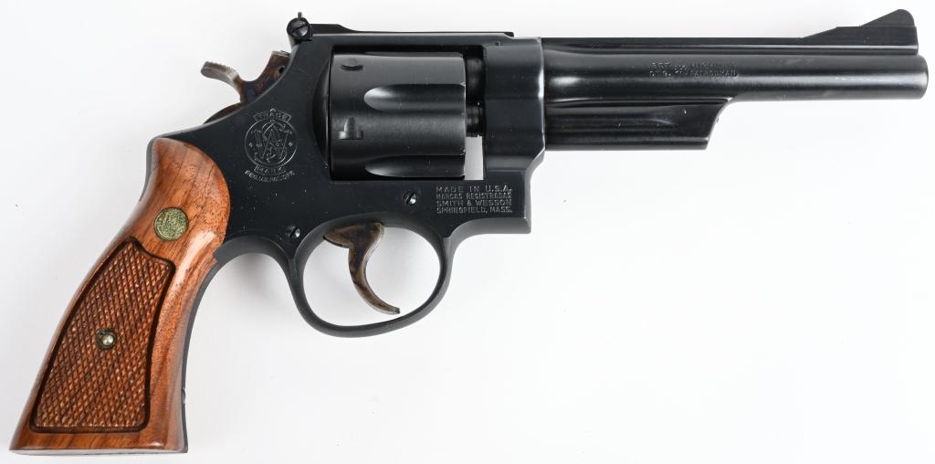 SMITH & WESSON MODEL 28-2 REVOLVER: SERIAL N184147. BARREL 6". CALIBER .357 MAGNUM. MADE IN 1973. Built on the square butt N-frame, 3-screw, pinned barrel, recessed chambers, dull factory blue finish, case color hammer & trigger, standa