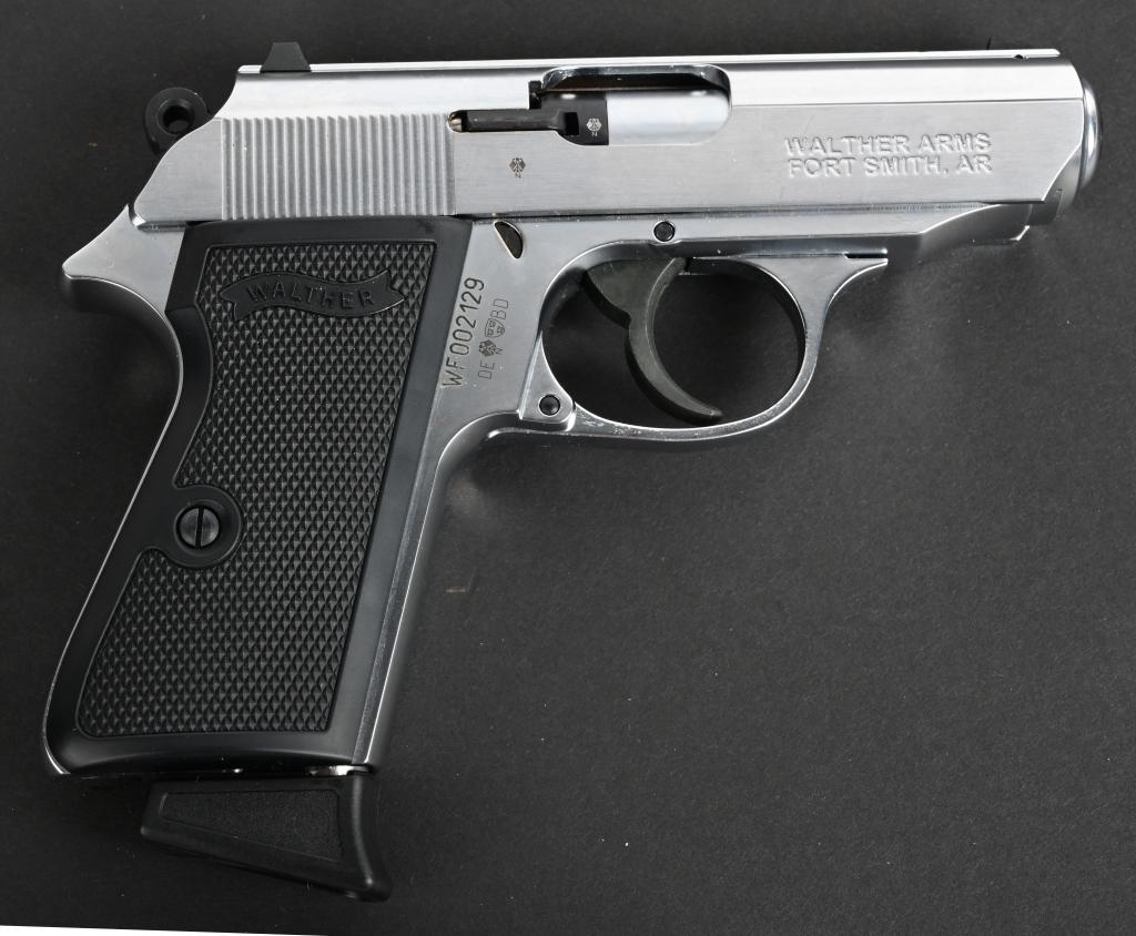 WALTHER PPK/S .22 LONG RIFLE NICKEL FINISH: SERIAL NUMBER WF002129, BARREL 3-1/4" CALIBER .22 LONG RIFLE. Current production Walther Arms Fort Smith AR, produced in Germany. 10 round .22LR cal, with fixed front sight and drift adjustable rear s