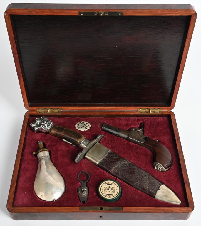 CASED H.NOCK DELUXE PERCUSSION MUFF PISTOL: SERIAL NUMBER (NA) BARREL 2-1/4" CALIBER .45 PERCUSSION. MANUFACTURED 1850'S. Wonderfully case in the European fashion with silver washed Hawksly flask,barrel wrench , caps and Unwin and Rodgers large