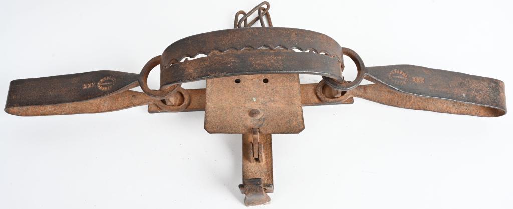 LARGE HAND FORGED REV. WAR ERA BRITISH USED TRAP: Trap is stamped J. Roberts Maker. It features black smith welded forged jaw posts, stamped on top of both springs and rarely found with word "maker" Has large plate and European style wide dog, Measur