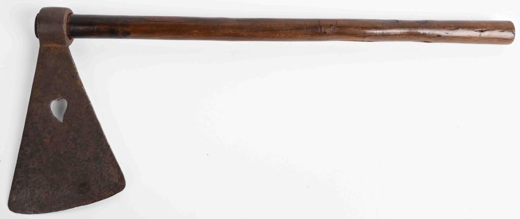 EARLY HAND FORGED HEART CUT OUT TOMAHAWK: Often referred to as a Mossuri style with small tear drop style heart cut out. Head measures 7.5" with a 4 1/4" blade on period haft . Total length is 18 3/4" There is an old legend about the tear dro