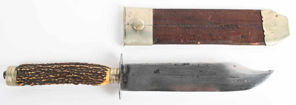 J. THOMPSON DUBLIN IRELAND BOWIE KNIFE W/ SHEATH: This 19th century Bowie features a drop point 6" blade stamped J. Thompson Nassau street Dublin Knife boasts real horn handle with silver pommel and guard. Excellent condition and well marked. Overall