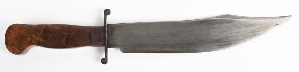 LARGE CIVIL WAR ERA UN-MARKED BOWIE KNIFE: This large drop point blade measures 9". The burl walnut handle measures 4". The guard is iron. Total length is 13 3/4". Has been cleaned but still sharp.