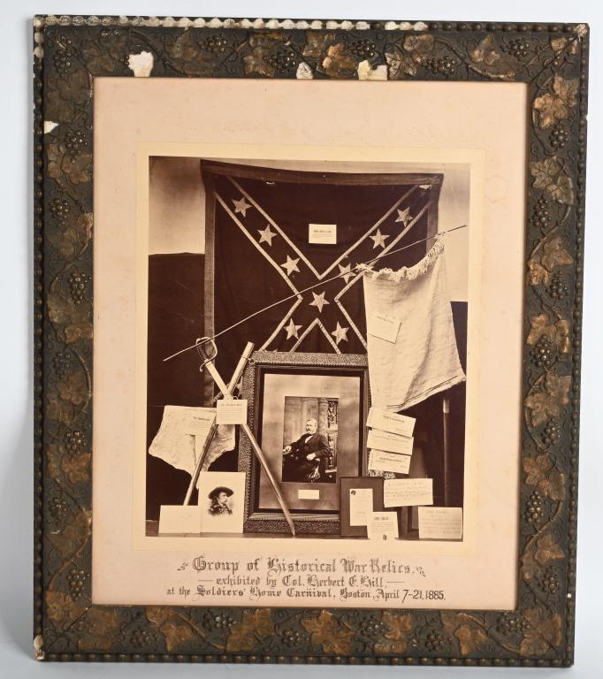 CIVIL WAR ALBUMEN OF CONFEDERATE CAPTURED ITEMS: Large Albumen measuring 18 X 23 inches and an overall size of 22 X 26 1/2 showing incredible War souvenirs including Rebel Flag that was the last captured flag by the Army of the Potomac at Appomattox