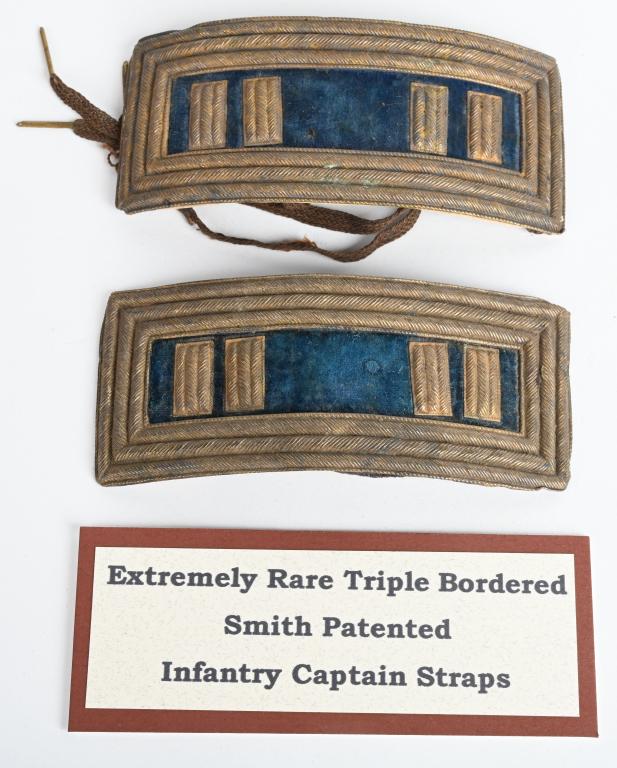 CIVIL WAR SMITH PATENT TRIPLE BORDERED INF STRAPS: TRIPLE BORDERED “Smith Patented” Civil War Infantry Captain Straps. Equally rare and beautiful. You will not find a finer pair. Extremely rare pair of Smith patent triple-bordered simulated embroi