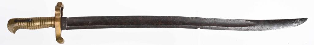 CIVIL WAR RIFLE SABER BAYONET: Original brass hilt saber bayonet with 22 1/2" blade, that is 1 1/4" wide at the ricasso. Hilt is cast brass and locking button spring is broken. Guard is stamped 14, and flat side of grip is stamped 