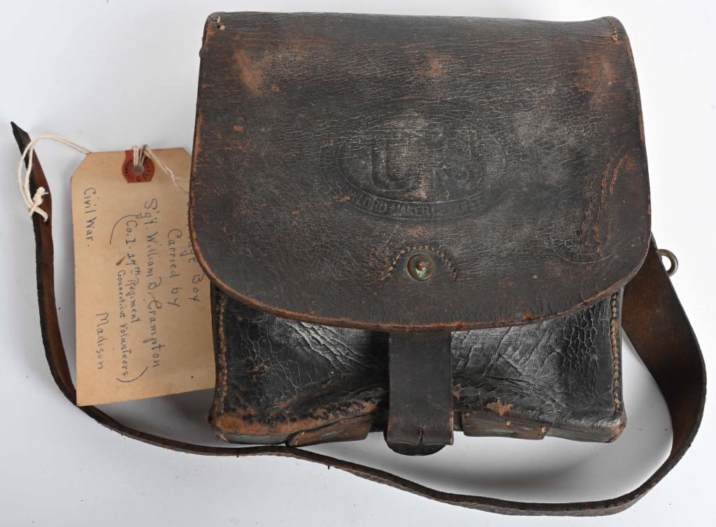 CIVIL WAR ID'd MODEL 1864 MANNS CARTRIDGE BOX: Mann's M1864 Infantry leather cartridge box. Front flap embossed with "US" within a large oval with "COL. MANN'S PATENT REISSUED JUNE 7th 1864/ E. GAYLORD MAKER CHICOPEE, MASS." Has one full length st