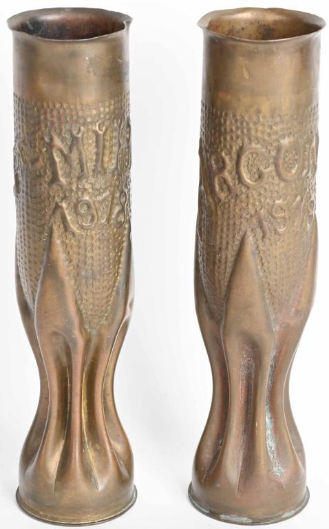 WW1 US TRENCH ART VASE LOT St. MIHIEL ARGONNE WWI: Pair of WWI US Trench Art Vases obviously done by the same hand. Two 75MM shells were converted into vases, one with St. Mihiel 1918 and the other Argonne 1918 respectively. These were two major campa