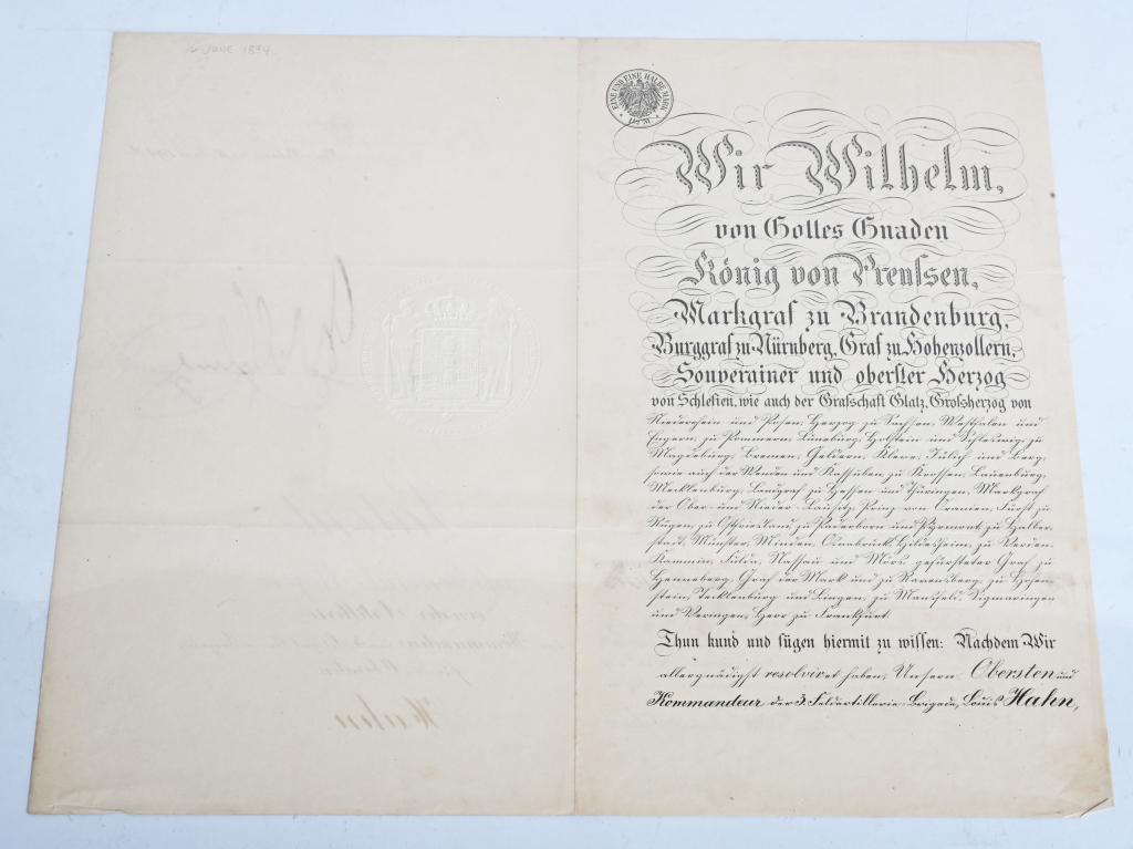 KAISER WILHELM II SIGNED PROMOTIONAL DOCUMENT: Kaiser Wilhelm II Manuscript Document Signed "Wilhelm" in German as Emperor and King of Prussia, three pages, 8.25" x 14", front and verso. Berlin, June 16, 1894. Promotion of General Major Hahn of th