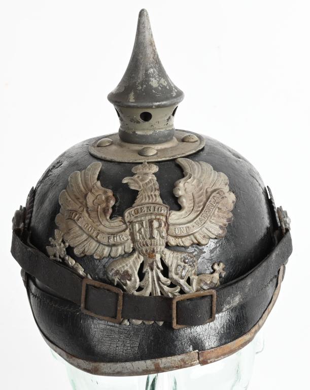 WW1 IMPERIAL GERMAN PRUSSIAN SPIKED HELMET WWI: Prussian M1915 Pickelhaube in overall excellent condition. Eagle Wappen and removable M15 spike top are all original but the wappen is a period replacement. Prussian and Reich Kokardes and chinstrap a