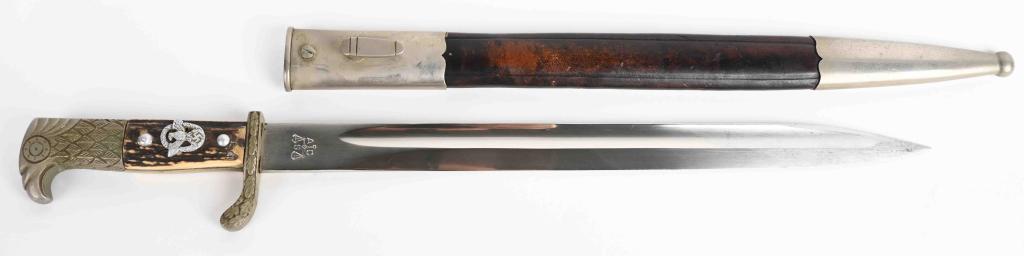 WWII NAZI GERMAN POLIZEI STAG GRIP BAYONET WW2: Early, shortened, reissued, long model, M98/05 Prussian police un-slotted dress bayonet. Roughly 33cm long, bright, nickel/silver plated, drop forged steel blade has full length fullers running off th