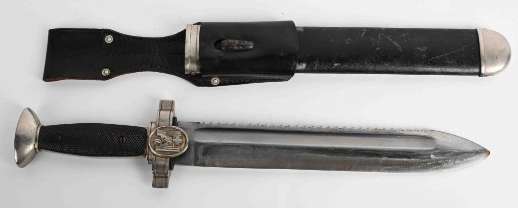 WWII NAZI GERMAN RED CROSS DRK SUBORDINATE'S HEWER: The hewer features a roughly, 10 1/2", (26.6 cm), long, broad, spear tipped, nickel/silver plated, drop forged, steel construction blade with deep, wide, fullers, a staggered, saw-toothed, edge, a lar