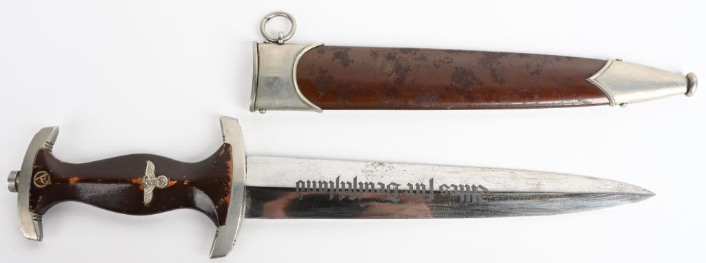 WWII NAZI GERMAN SA DAGGER BY AESCULAP TUTTLINGEN: Early, nice quality dagger features a roughly, 8 3/4", (22.2 cm), long, double edged, nickel/silver plated, drop forged steel construction blade with a low central ridge and a full length, including t