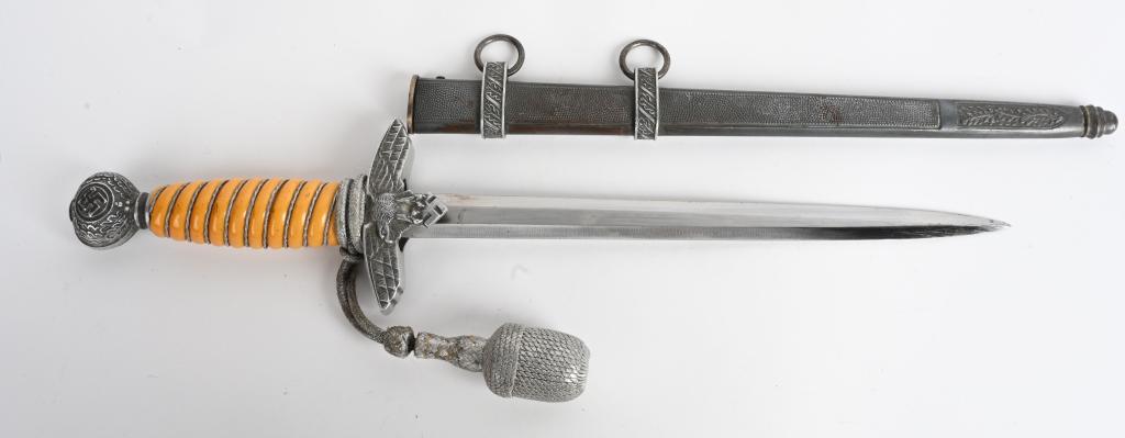 WWII NAZI GERMAN LUFTWAFFE OFFICERS DAGGER WKC: Roughly 29cm long bright nickel/silver plated double edged drop forged steel stiletto style blade with a flat central plane. Maker marked to "WKC" indicating manufacture by Weyersberg, Kirschbaum & Co
