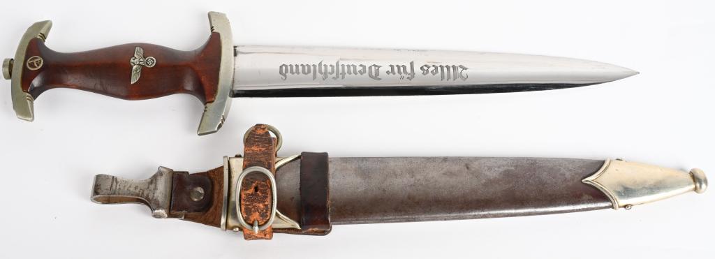 WWII NAZI GERMAN Ground Röhm SA DAGGER WW2: Double edged, nickel/silver plated, drop forged steel construction blade with a low central ridge. The blade is still quite clean and bright with some runner marks and most of the original cross-grain
