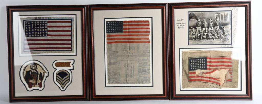 WWII US AIR CORPS 375th BOMB GROUP PATCH GROUPING: 375th Bomb Squadron, theater made patches, blood chits, photo of crew all professionally framed. This splendid set of insignia per frame consist of a 1) Multi piece leather, 375th Bomber Squadron patc