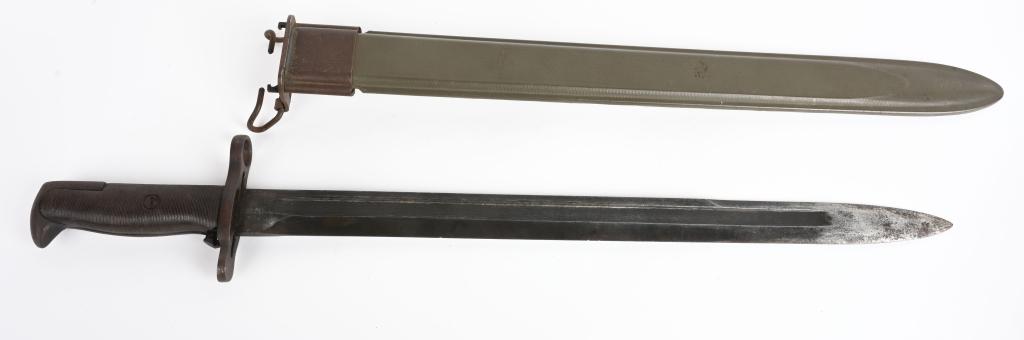 WWII US UFH M1 RIFLE BAYONET W/ SCABBARD 16 INCH: This is a very nice condition U.S. M1942 bayonet for the M1 Garand Rifle, complete with the correct WWII Issue MK I USN fiberglass scabbard. Technically, this bayonet is considered an M1905 bayonet by