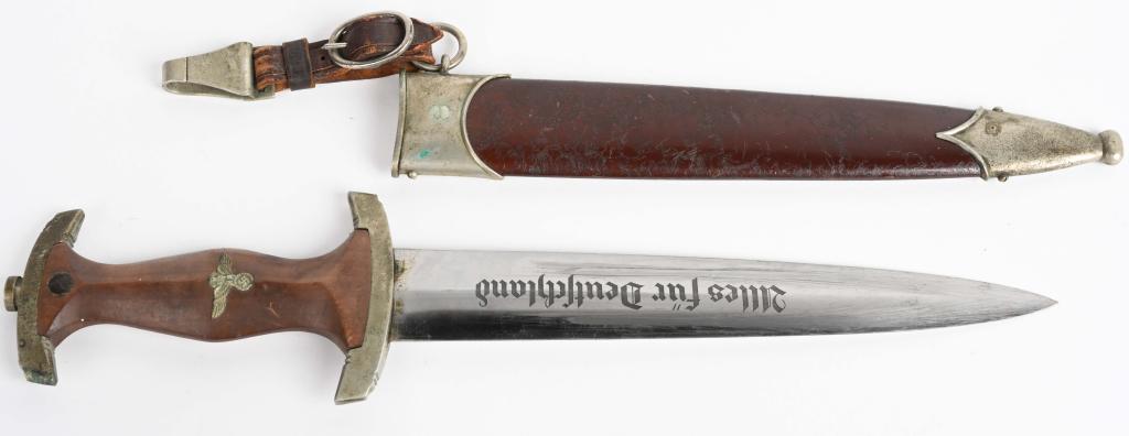 WWII NAZI GERMAN SA DAGGER BY ANTON WINGEN WW2: Early, nice quality dagger features a roughly, 8 3/4", (22.2 cm), long, double edged, nickel/silver plated, drop forged steel construction blade with a low central ridge and a full length, including t