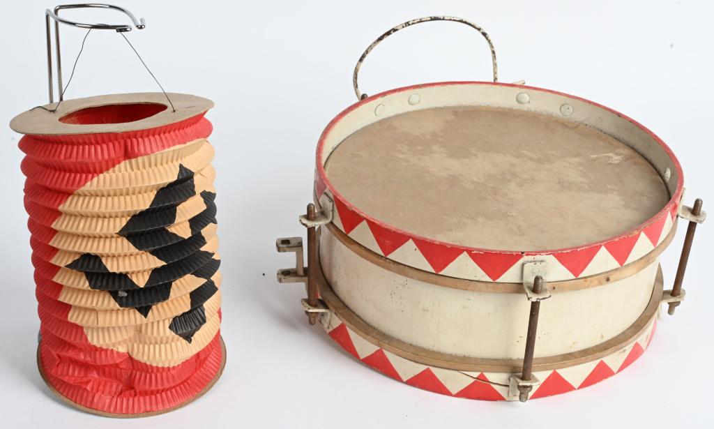 WWII NAZI GERMAN HITLER YOUTH SNARE DRUM & LAMP: WWII Nazi German lot to include 1) Hitler Youth snare drum with wire belt holder & loop hanger. 10.75" diameter. Tight heads and 5" tall. Painted wood body with original drum sticks. 2) Collapsible ca