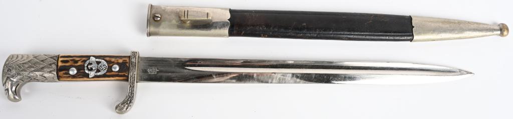 WWII NAZI GERMAN POLIZEI STAG GRIP BAYONET WW2: Early, shortened, reissued, long model, M98/05 Prussian police un-slotted dress bayonet. Roughly 33cm long, bright, nickel/silver plated, drop forged steel blade has full length fullers running off th