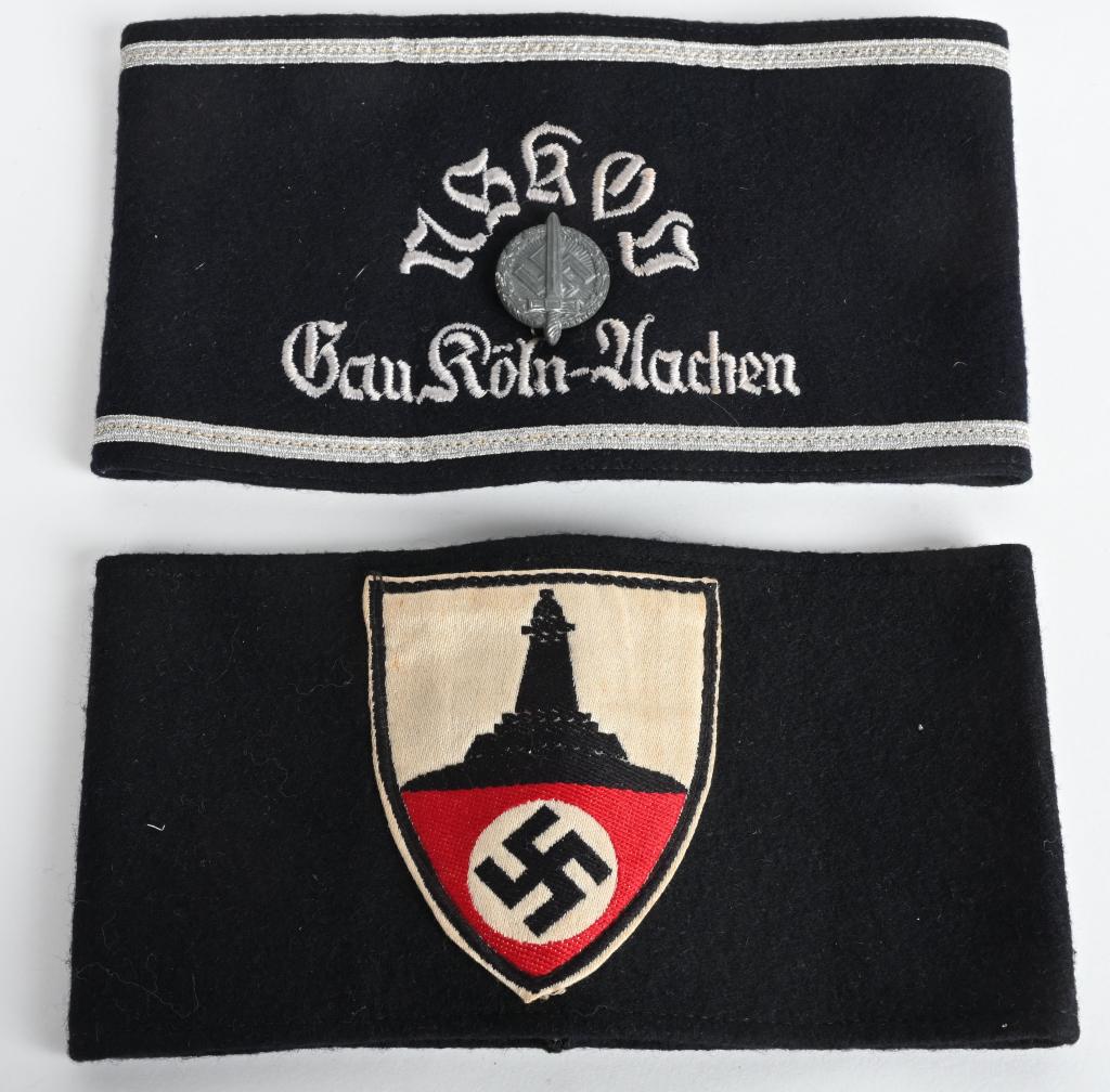 WWII NAZI GERMAN NSKOV NS-RKB ARMBAND LOT WW2: WWII Nazi German NSKOV armband lot to include 1) NSKOV Gau Koln-Aachen District Veteran's Association Armband. (National Sozialistische Kriegsopferversorung, Gau München-Oberbayern): Armband in dark