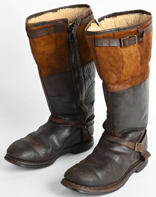 WWII NAZI GERMAN LUFTWAFFE FLIGHT BOOTS WW2: Nice quality, multi-panel construction, Pst 4004E flight boots with upper, brushed leather, (suede), calf sections and smooth, blackened leather foot sections, are roughly, 14 3/4", (37.5cm), tall fro