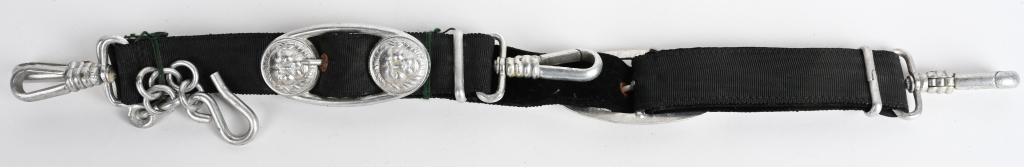 WWII NAZI GERMAN KRIEGSMARINE DAGGER HANGER SET: Matching set of Navy officer dagger hangers that have deluxe front facing black nylon fabric and black corduroy backers, each strap fed through aluminum buckles with dual stacked lion’s heads. Match