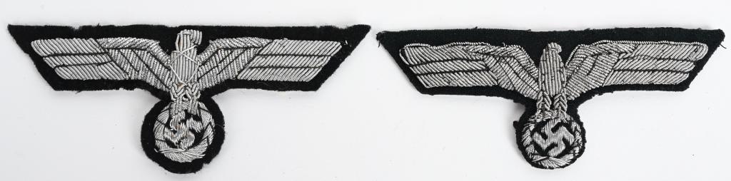 WWII NAZI GERMAN PANZER OFFICER BREAST EAGLE LOT 2: WWII Nazi German Panzer Officer's Breast eagles to include: 1) PANZER OFFICER'S BREAST EAGLE. Nice quality, hand embroidered national breast eagle with out-stretched wings, clutching a wreathed, cante