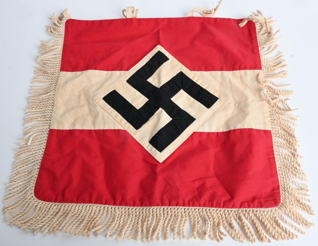 WWII NAZI GERMAN HJ FANFARE TRUMPET BANNER WW2: An approximately 48cm square, double sided, multi-piece cotton construction banner, with four doubled tie strings along its upper edge for affixing it to a trumpet. Double sided with the typical HJ pa