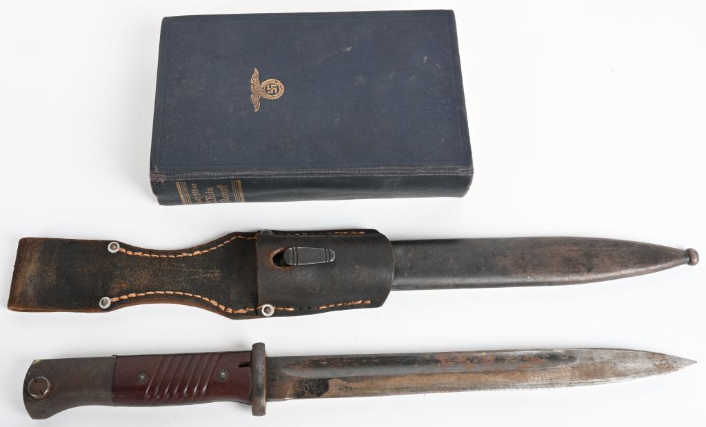 WWII NAZI GERMAN K98 BAYONET MEIN KAMPF 1939 WW2: WWII Nazi German lot to include 1) A hard cover book measuring approximately 12cm x 19cm that consists of a dark blue, cloth cover that is embossed in gold with a NSDAP eagle , as well as "Adolf Hitle