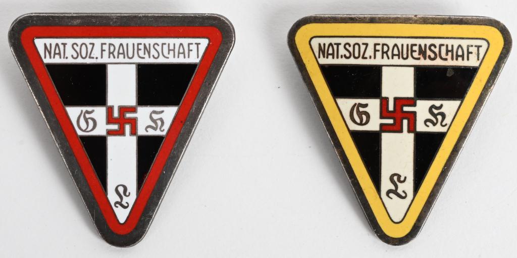 WWII NAZI GERMAN REICH & GAU FRAUNENSCHAFT BADGE: WWII Nazi German Fraunenschaft membership badges to include 1) WWII German Nazi First Pattern Reichs Level Nat.Soz. Fraunenschaft Badge RZM 1/73 Mitgliedabzeichen. An alloy and enamel badge in the for