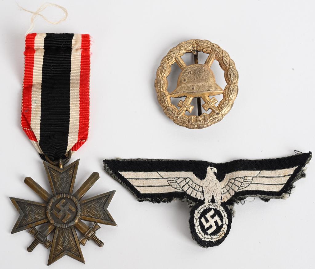 WW1 WWII NAZI GERMAN MEDAL LOT W/ PANZER EAGLE: Lot of 3 Imperial German and Nazi German insignia included is an Imperial German gold would badge still retaining most of it's original gilt finish with a complete crimped hinge, pin and catch. 2nd is